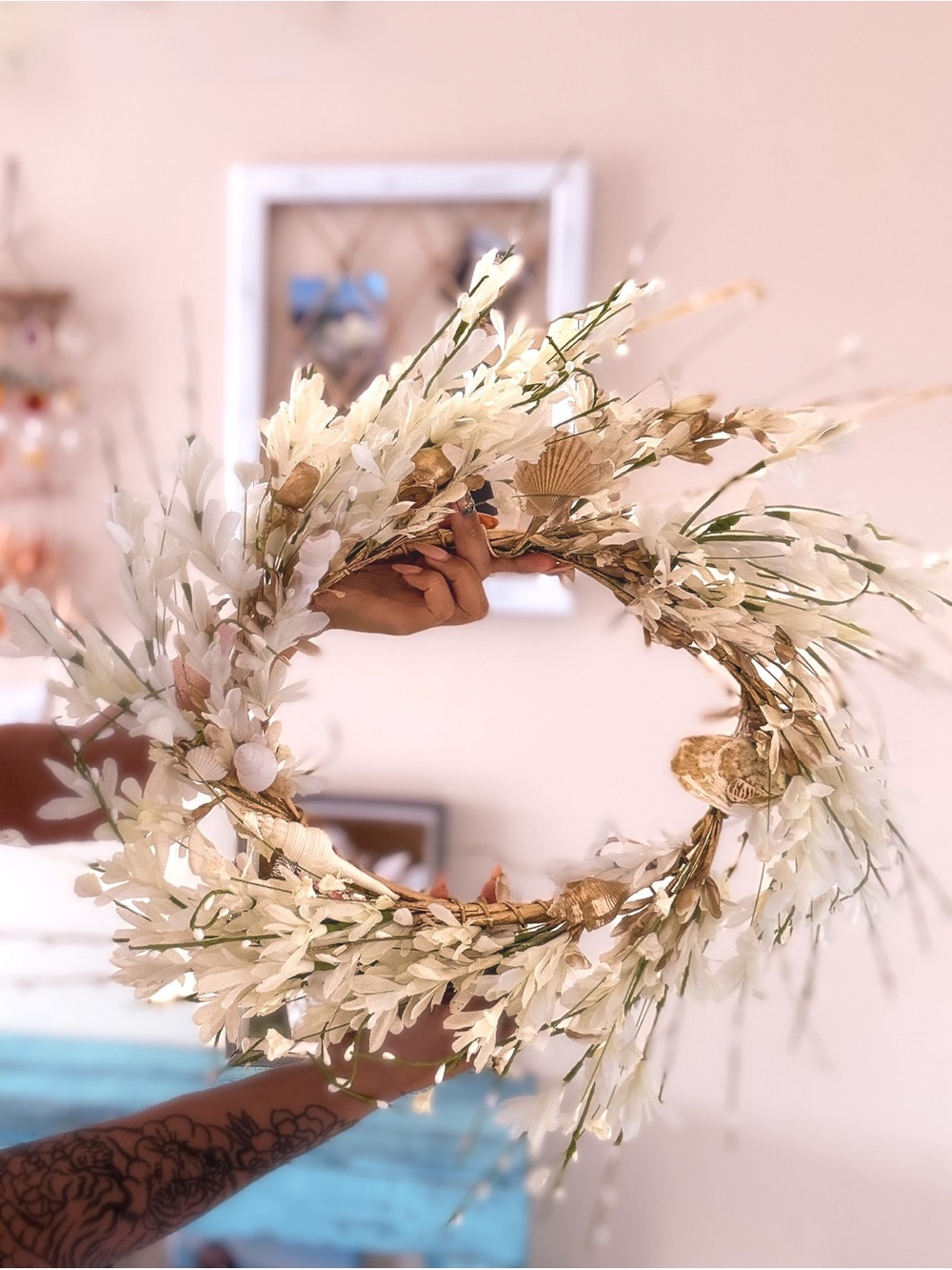 Beach Shell Wreath Handmade One of a Kind Coastal Home Decor